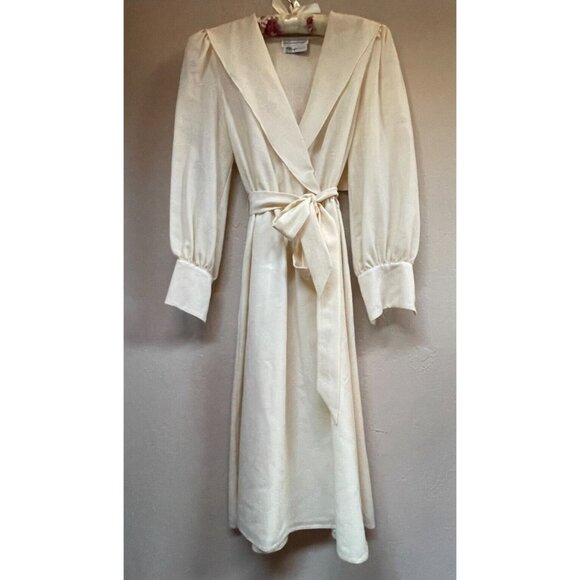 Vintage San Francisco Designer Wool Puff Sleeve Tie-Waist Dress Ivory Sz 12 New